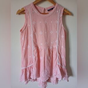 Pink Sleeveless Eyelet Embroidered Top With Ruffle High Low Bottom Size Medium